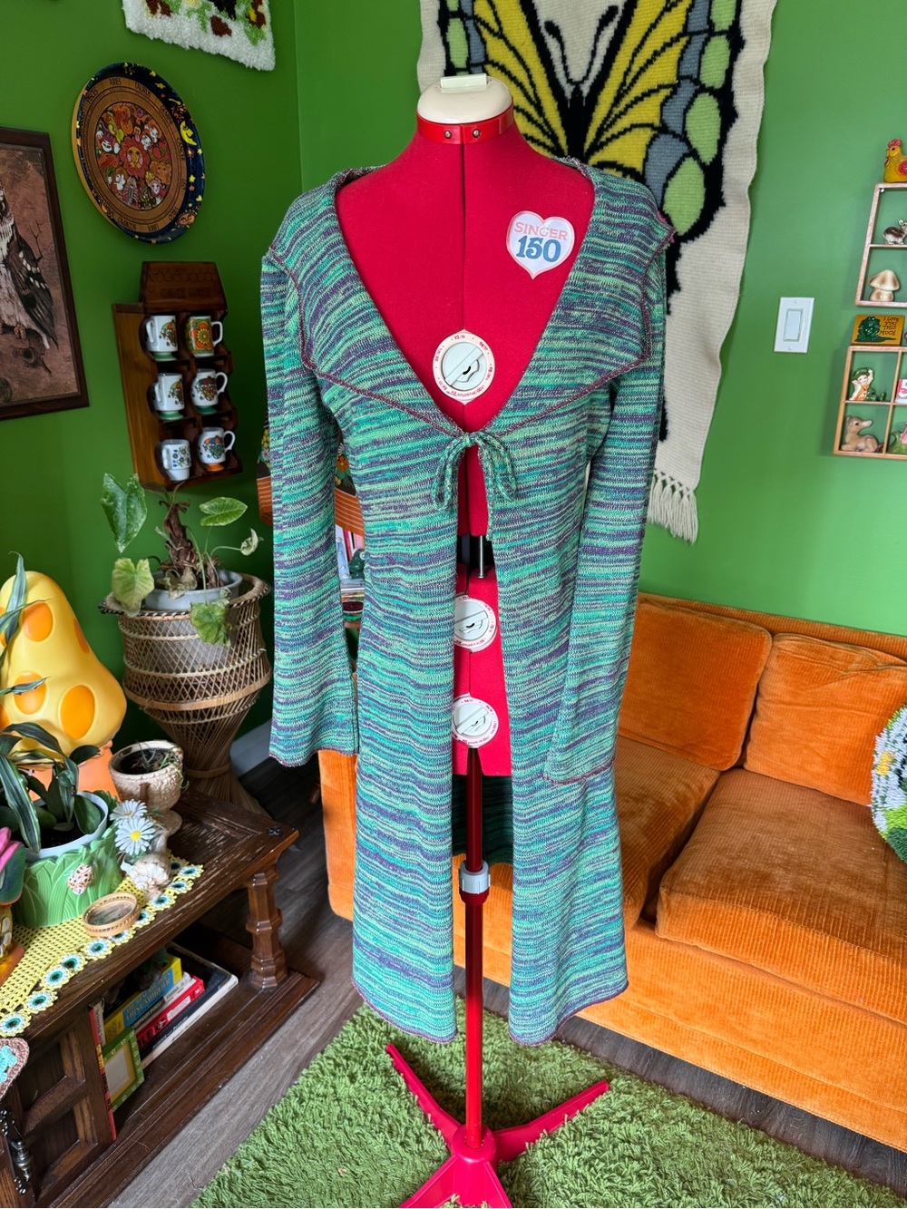 Long Open-Front Women's Sweater Cardigan in Teal Stripe